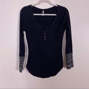 Free People Black Waffle Knit With Grey Cuff Henley Long Sleeve